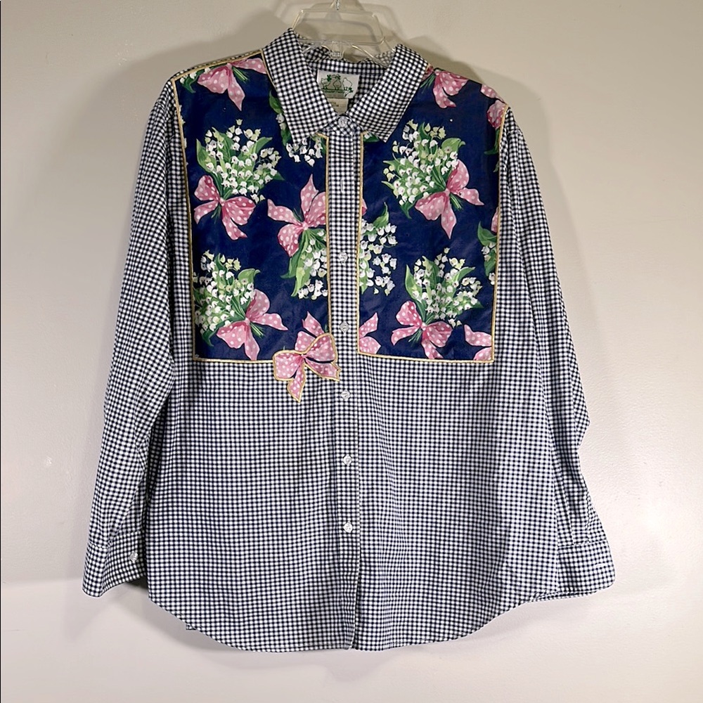 Quacker Factory Navy Gingham Checkered Shirt Floral Bows 1X button up